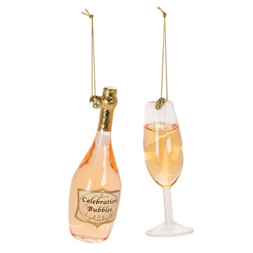 Kerstboomversiering set, champagneglas en champagnefles, kerstdecoratie, 14 cm, 2 stuks