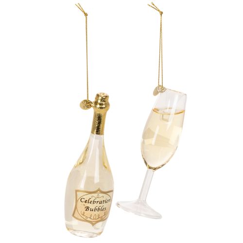 Hangerset met champagnefles en champagneglas, kerstboomversiering, 14 cm, 2 stuks