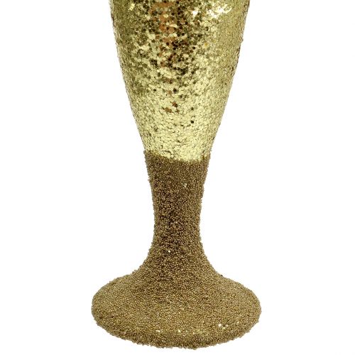 Artikel Hanger champagne glas licht goud glitter 15cm Oudejaarsavond en Kerst