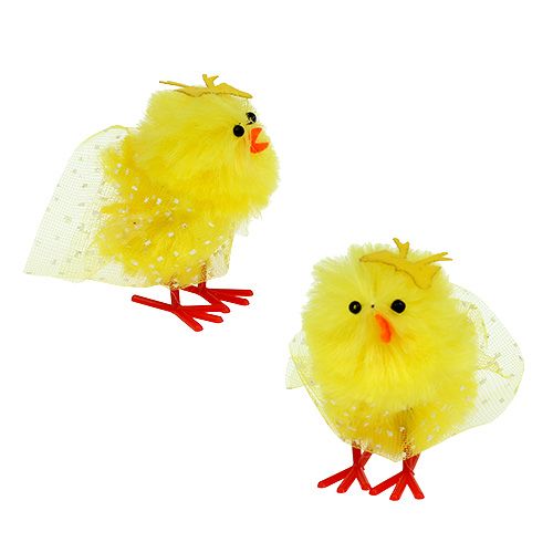Chenille kuikens met jurkje, strik 5cm geel 4 st