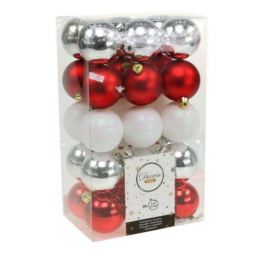 Artikel Kerstbal mix wit, rood, zilver Ø5,5cm 30st
