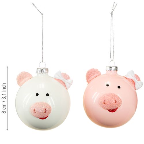 Artikel Kerstboombal varken roze wit glasbal Ø8cm 2 stuks