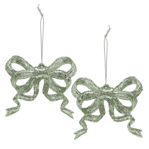 Artikel Kerstboomdecoraties strik 9cm met glittergroen 12st