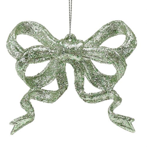 Artikel Kerstboomversiering strik 9cm met glitter groen 12 st