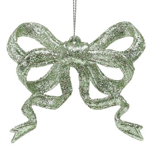 Artikel Kerstboomdecoraties strik 9cm met glittergroen 12st