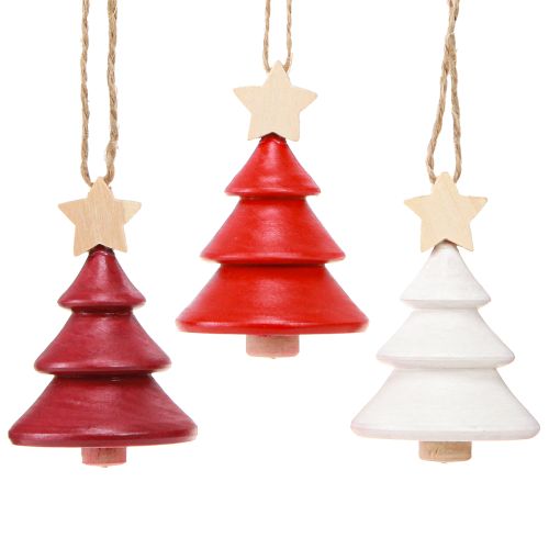 Kerstboomversiering dennenboom hout rood wit 7,5cm 6 stuks