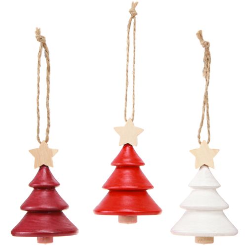 Artikel Kerstboomversiering dennenboom hout rood wit 7,5cm 6 stuks