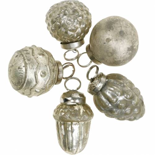 Mini boomversiering herfstfruit en balletjes parelmoer, antiek zilver echt glas 3,4–4,4 cm 10st