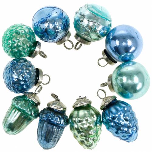 Floristik24 Mini boomdecoratie mix herfstfruit en balletjes blauw/groen, zilver echt glas 3.4–4.4cm 10st