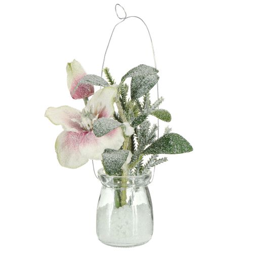 Kunstkerstroos in glas kunstbloemen om op te hangen H22cm