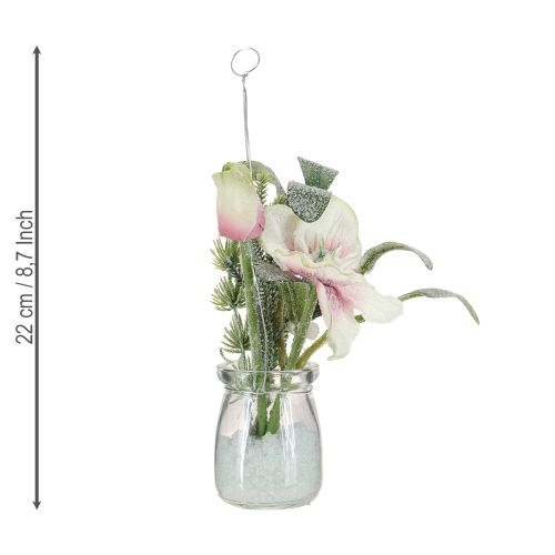 Artikel Kunstkerstroos in glas kunstbloemen om op te hangen H22cm