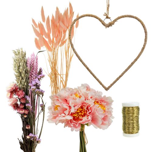 Floristik24 DIY doosje hart decoratie lus met pioenrozen en droogbloemen roze 33cm