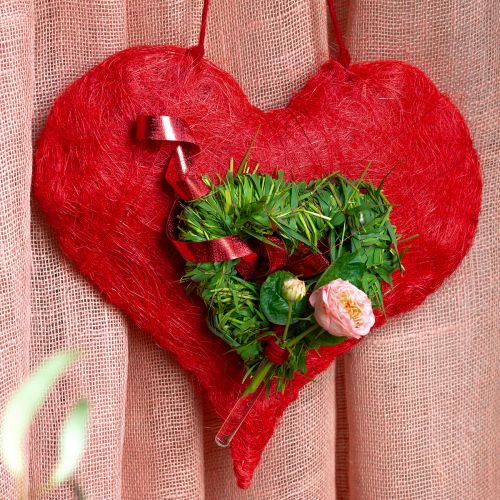 Floristik24 Sisal hart hartdecoratie met sisalvezels in rood 40x40cm