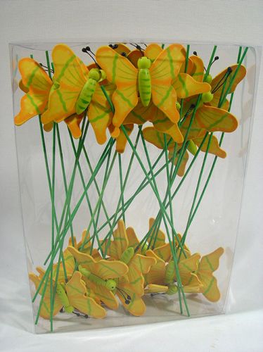 Floristik24 Vlinder op pluk groen/geel hout 7cm (24 stuks)