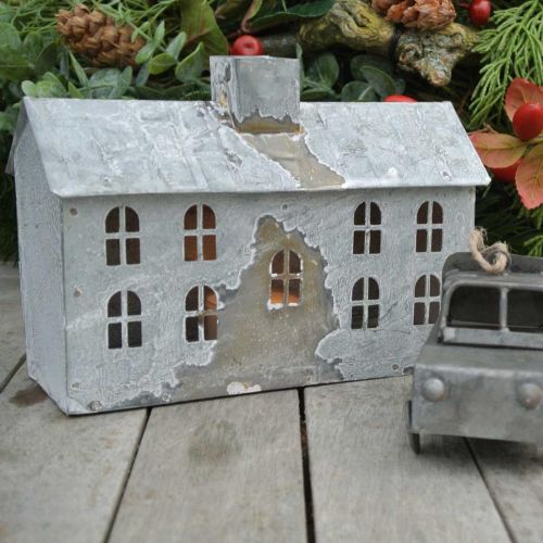 Artikel Lantaarnhuis metaal, decoratie voor Kerstmis, shabby chic, white wash, antiek look H12.5cm L17.5cm