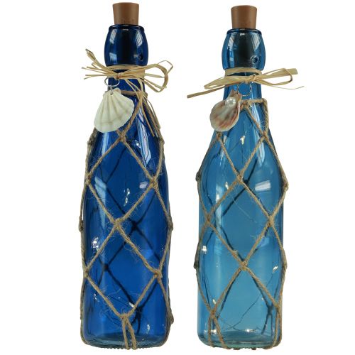 Glazen fles maritiem blauwe flessen met LED H28cm 2st