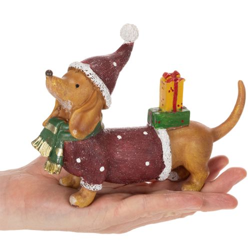 Decoratief teckelbeeldje met geschenkverpakking en hoedje, 18 cm | Floristik24.nl