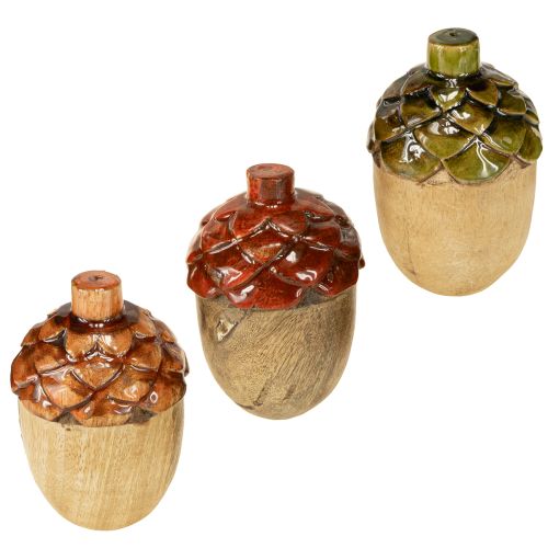 Decoratieve eikels houten tafeldecoratie groen oranje rood H10cm 3 stuks