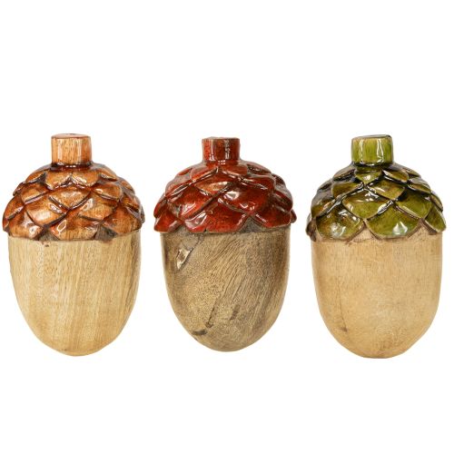 Artikel Decoratieve eikels houten tafeldecoratie groen oranje rood H10cm 3 stuks