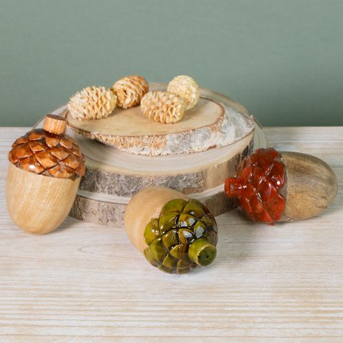 Artikel Decoratieve eikels houten tafeldecoratie groen oranje rood H10cm 3 stuks