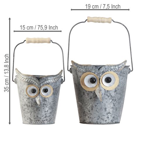 Artikel Decoratieve emmer uil plantenbak zink met handvat Ø15/19cm set van 2