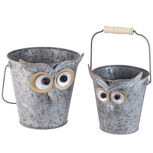 Artikel Decoratieve emmer uil plantenbak zink met handvat Ø15/19cm set van 2