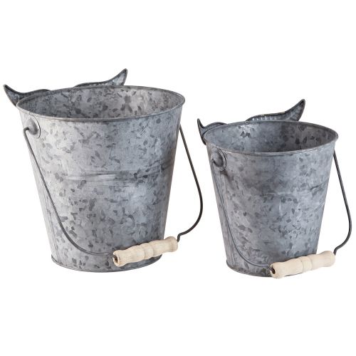 Artikel Decoratieve emmer uil plantenbak zink met handvat Ø15/19cm set van 2
