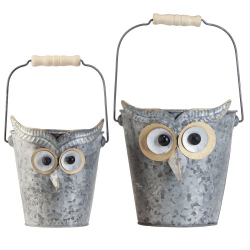 Artikel Decoratieve emmer uil plantenbak zink met handvat Ø15/19cm set van 2