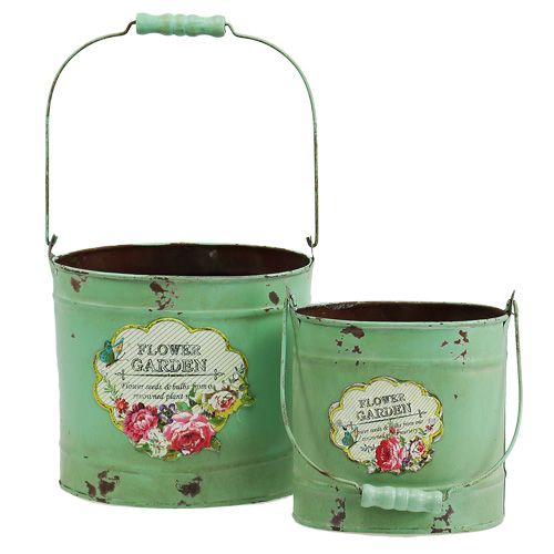 Floristik24 Decoratieve emmer ovaal 2-set rozenmotief groen 13,5cm / 17cm