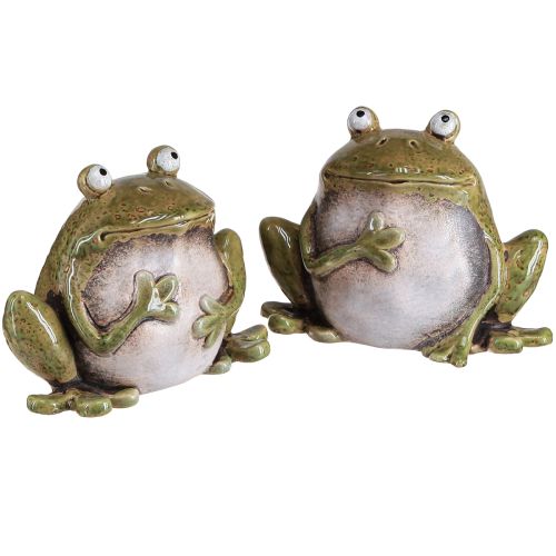 Artikel Decoratieve kikker keramiek groen bruin vintage L15,5cm 2 stuks