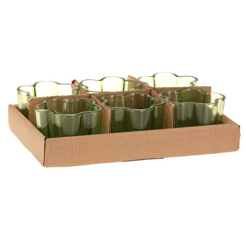 Artikel Decoratieve glazen theelichthouder bloemvorm groen Ø7,5cm H6cm 6 stuks