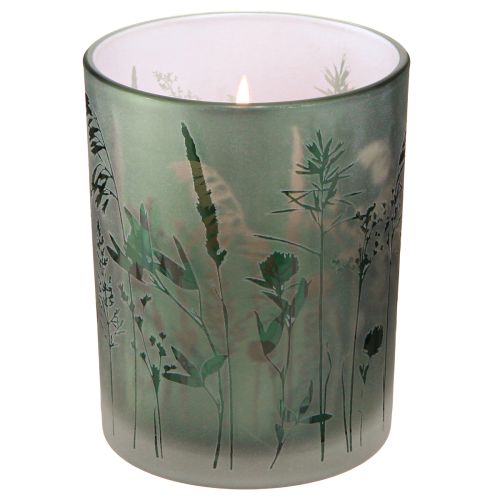 Artikel Decoratieve glazen lantaarn groen wit motief weide H12,5cm 2 stuks