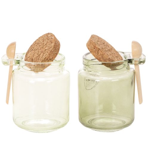 Decoratief glas met kurken deksel en lepel, groen, Ø7cm, H10cm, 2 stuks | Floristik24.nl