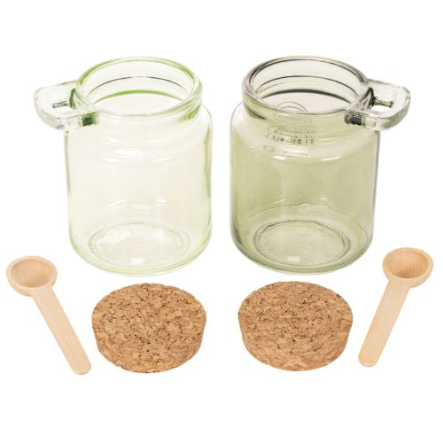 Decoratief glas met kurken deksel en lepel, groen, Ø7cm, H10cm, 2 stuks | Floristik24.nl