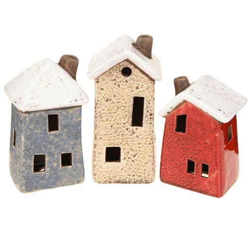 Decoratief huis keramiek crème rood grijs 10/12/13,5cm 3 stuks