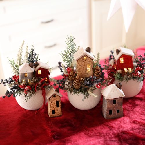 Artikel Decoratief huis keramiek crème rood grijs 10/12/13,5cm 3 stuks