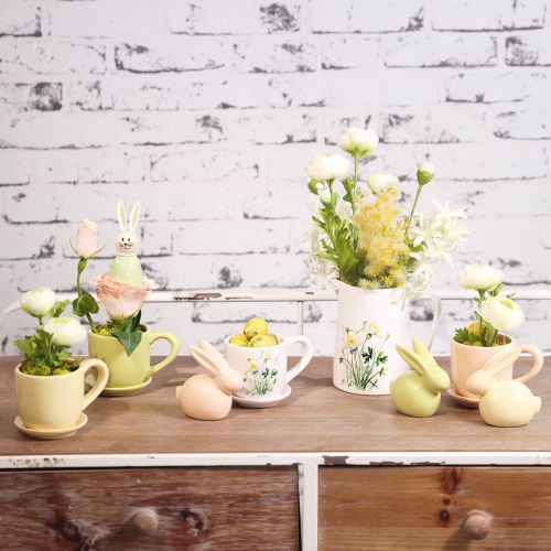 Artikel Decoratief konijn, geel, groen, bruin, modern keramisch beeldje voor Pasen, 8,5 cm, 3 stuks