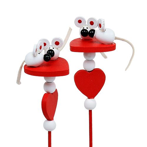 Floristik24 Decoratieve harten met muisjes op stokje rood 12 st