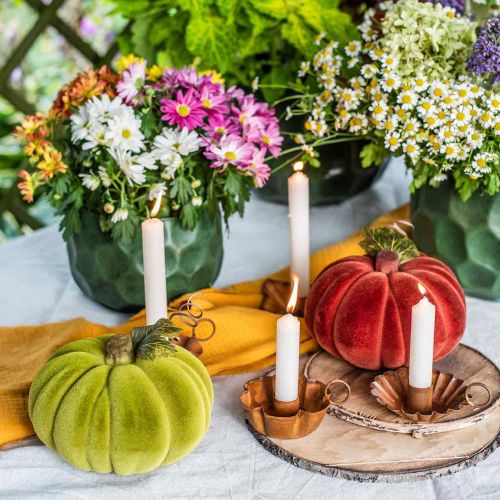 Artikel Decoratieve pompoen gevlokt mix oranje, groen, rood herfstdecoratie 16cm 3 st