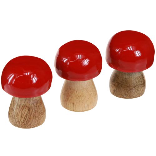 Decoratieve paddenstoelen rood gelakte houten paddenstoelen champignons H5cm Ø4cm 6 stuks