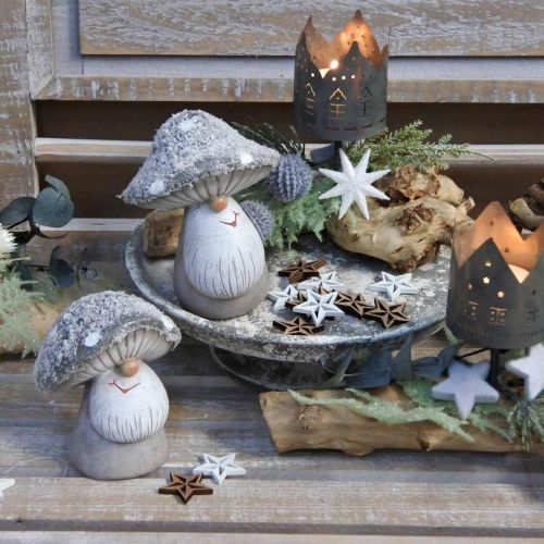 Floristik24 Deco paddestoel kabouterfiguur paddestoel kabouter grijs, wit 7×9cm 2st