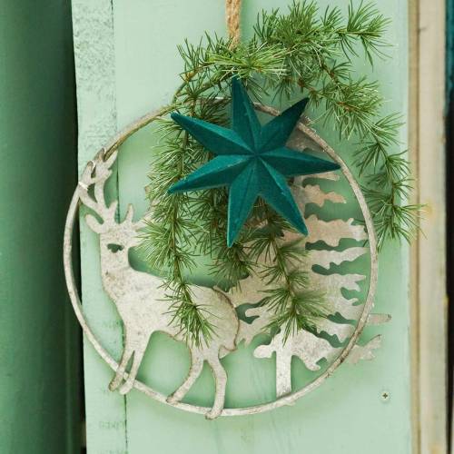 Floristik24 Decoratie ring rendier en dennenboom antiek look zilver Ø30cm Om op te hangen