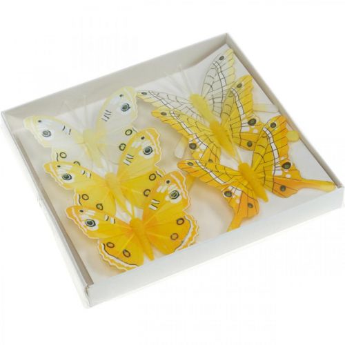 Floristik24 Decoratieve vlinders gele veer vlinder op draad 7.5cm 6st