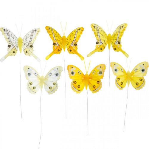 Floristik24 Decoratieve vlinders gele veer vlinder op draad 7.5cm 6st