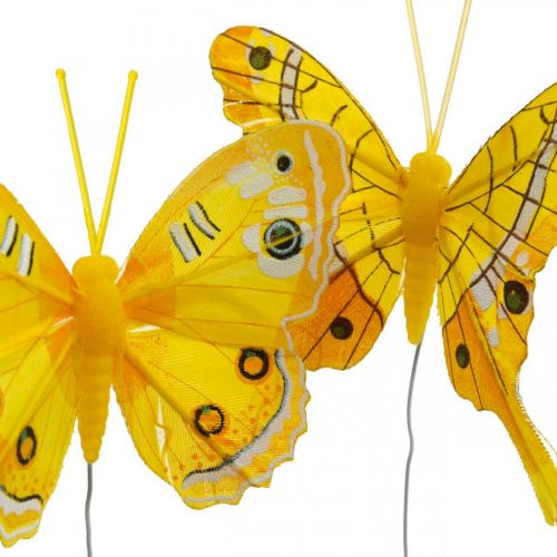 Floristik24 Decoratieve vlinders gele veer vlinder op draad 7.5cm 6st