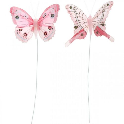 Floristik24 Decoratieve vlinders roze veer vlinder op draad 7.5cm 6st