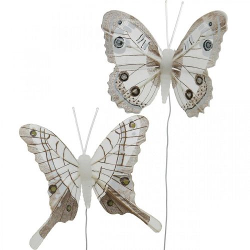 Floristik24 Decoratieve vlinders wit, bruine veervlinder op draad 7,5cm 6st