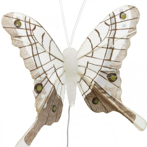 Floristik24 Decoratieve vlinders wit, bruine veervlinder op draad 7,5cm 6st