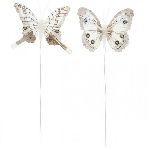 Floristik24 Decoratieve vlinders wit, bruine veervlinder op draad 7,5cm 6st