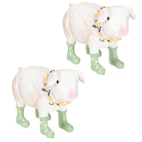 Artikel Decoratief Varken met Rubberen Laarzen – Grappig Boerderij Figuur met Bloemenkrans 15,5cm 2 st.